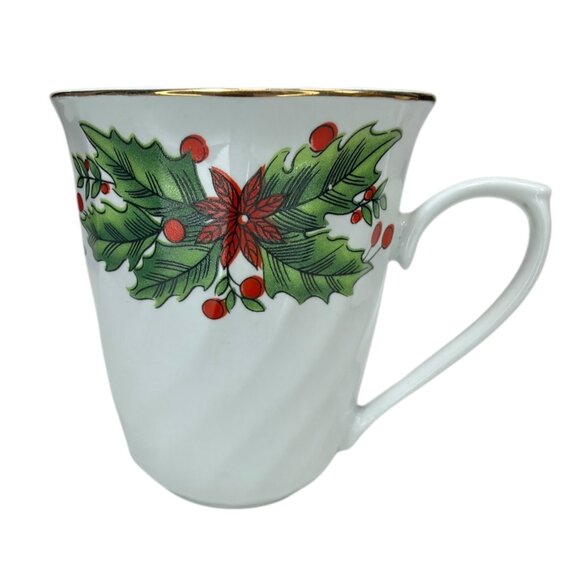 Set Of 4 Truly Tasteful Fine China Christmas Holly Berry Mugs 4.5" Tall Gold Rim - Picture 5 of 10